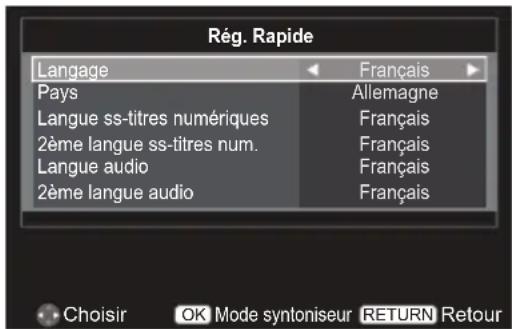 Rég. Rapide Langage Français Pays Allemagne Langue ss-titres numériques Français 2ème langue ss-titres num.Français Langue audio Français 2ème langue audio Français Choisir OK Mode synloniseur RETURN Retour