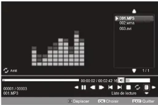 001.MP3 002.vma 003.avi Aret 1 / 1 00:00:02 / 00:02:42 16 00001 / 00003 001.MP3 Liste de lecture Déplacer OK Choisir EXIT Quitter