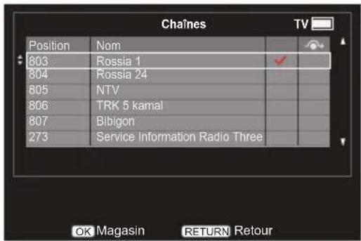 Chaines Position Nom 803 Rossia 1 804 Rossia 24 805 NTV 806/TRK 5 kamal 807 Blibigon 273 Service Information Radio Three OK Magasin RETURN Retour