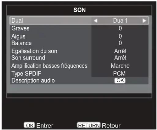 SON Dual Dual1 Graves 0 Aigus 0 Balance 0 Egalisation du son Arrêt Son surround Arrêt Amplification basses fréquences Marche Type SPDIF PCM Description audio OK OK Entrer RETURN Retour