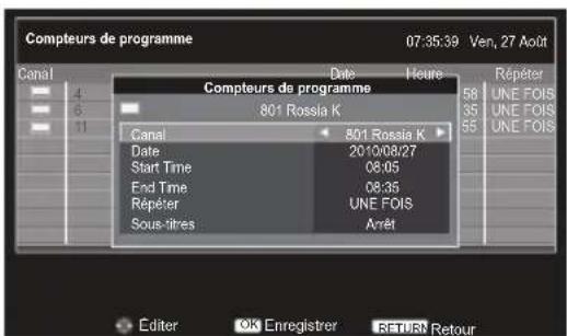 Compteurs de programme 07:35:39 Ven, 27 Août Canal Date Heure Répéter 4 Compteurs de programme 801 Rossia K 58 UNE FOIS 6 UNE FOIS 11 Canal 801 Rossia K Date 2010/08/27 Start Time 08:05 End Time 08:35 Répéter UNE FOIS Sous-titres Arrêt Editor OK Enregistrer RETURN Retour