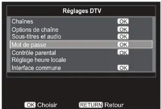 Réglages DTV Chânes OK Options de chaîne OK Sous-titres et audio OK Mot de passe OK Contrôle parental OK Réglage heure locale Interface commune OK OK Choisir RETURN Retour