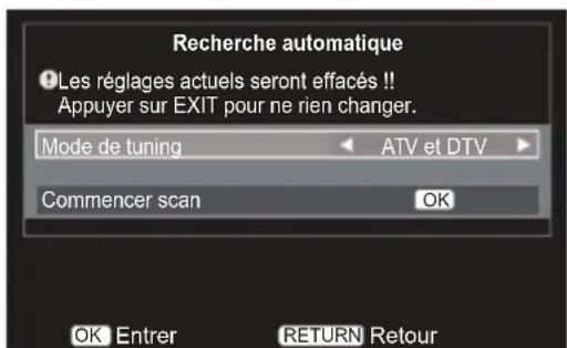 Recherche automatique Les réglages actuels seront effacés!! Appuyer sur EXIT pour ne rien changer. Mode de tuning ATV et DTV Commencer scan OK OK Entrer RETURN Retour