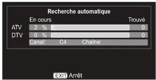 Recherche automatique En cours Trouvé ATV 2 % 0 DTV 0 % 0 Canal: C4 Chaîne: EXIT Arrêt