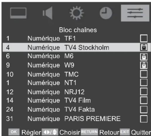 TOSHIBA 37AV615D - Utilisez ▼ pour choisir les chaînes que vous désirez bloquer puis appuyez sur Ⓞ pour confirmer. - 1