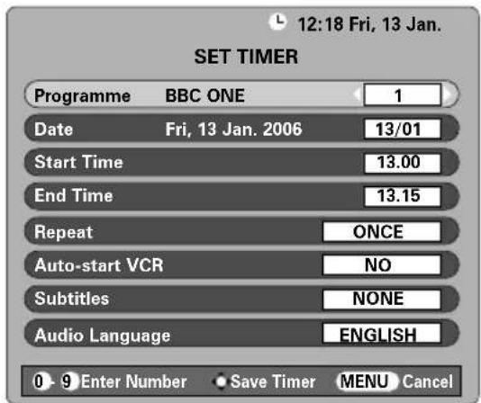 TOSHIBA WLG67 - Press MENU and < or > to select the TIMER MENU. - 2