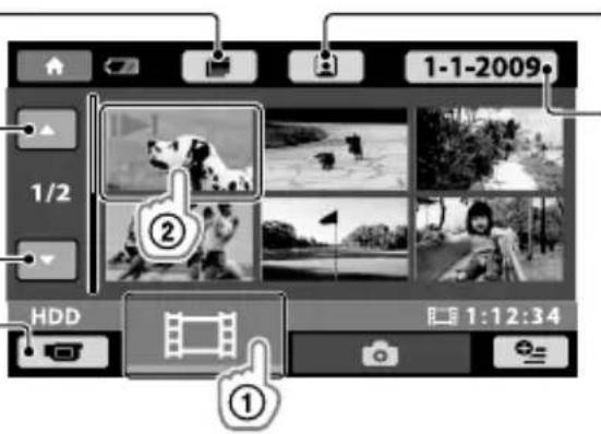 SONY DCRSR37ES - Toccare la scheda (filmato) ① → il filmato desiderato ②. - 1