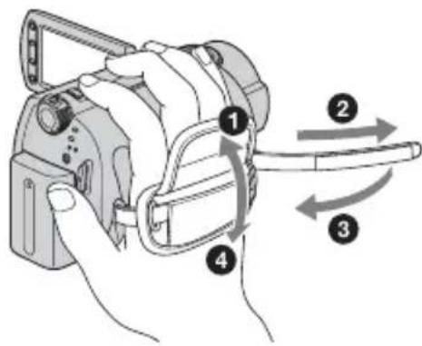 SONY DCRSR3190E - Bevestig de handgreepband en houd de camcorder op de juiste manier vast. - 1