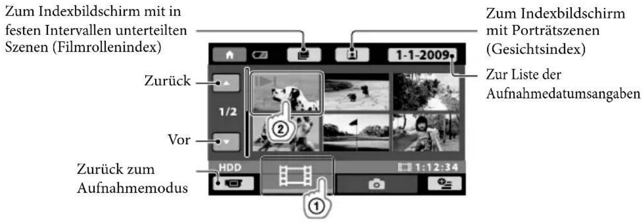 SONY DCRSR47S - Berühren Sie das Register (Film) ① → den gewünschten Film ②. - 1