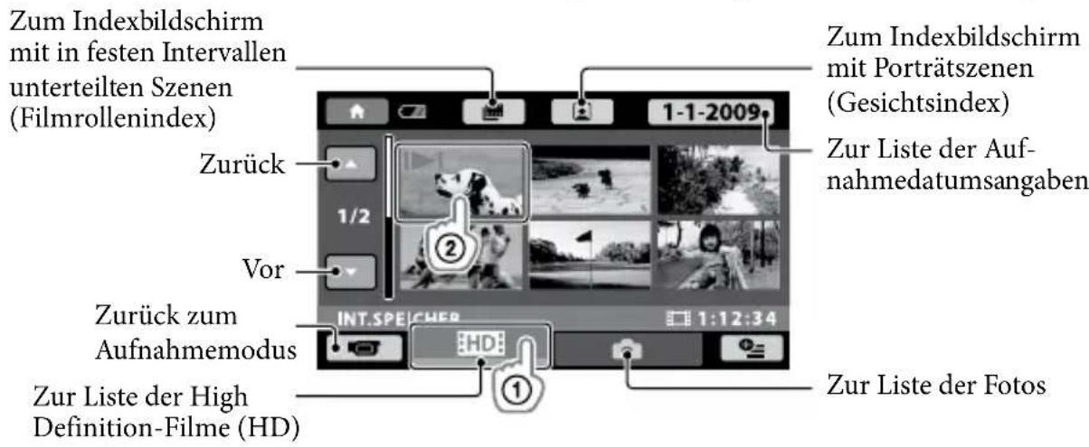 SONY HDRCX105ES - Berühren Sie das Register HD (oder 1)  den gewünschten Film (2). - 1