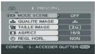 X PRINCIPAL MODE SCENE OFF QUALITE IMAGE TAILLE IMAGE [16] ASPECT 16/9 REGL HORL. NON CONFIG - ACCEDER QUTTER