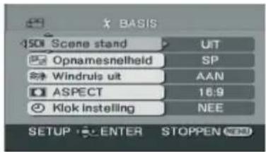 BASIS 501 Scene stand UT Opnamesnelheld SP Windruls uit AAN ASPECT 16:9 Klok instelling NEE SETUP ENTER STOPPEN