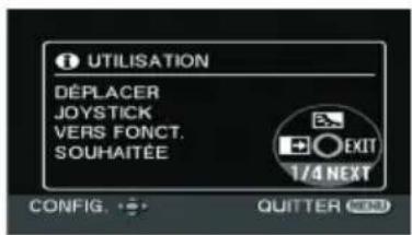 UTILISATION DéPLACER JOYSTICK VERS FONCT. SOUHAITÉE EXIT 1/4 NEXT CONFIG. QUITTER END