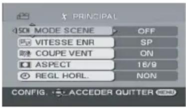 PRINCIPAL MODE SCENE OFF VITESSE ENR SP COUPE VENT ON ASPECT 16/9 REGL HORL. NON CONFIG. ACCEDER QUITTER
