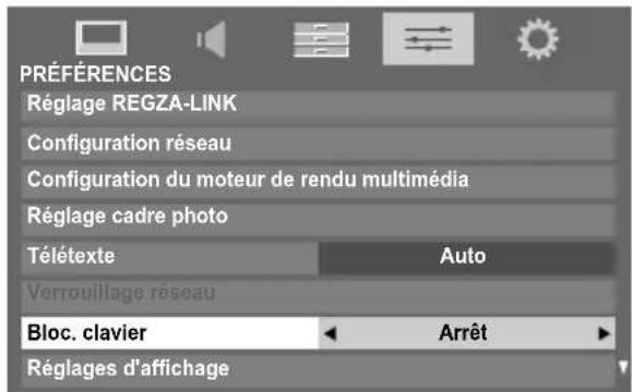 TOSHIBA 40SL733 - Dans le menu PRÉFÉRENCES, sélectionnez Bloc. clavier, puis choisissez Marche ou Arrêt à l'aide de ◀ ou ▶. - 1