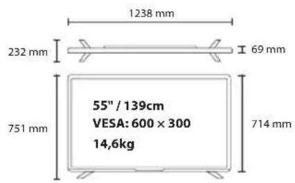 1238 mm 232 mm 69 mm 751 mm 55" / 139cm VESA: 600 × 300 14,6kg 714 mm
