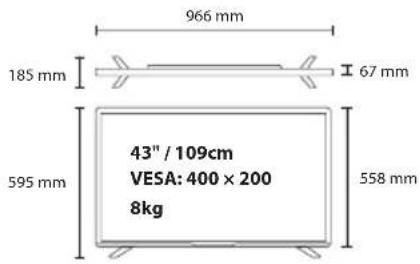 966 mm 185 mm 67 mm 43" / 109cm VESA: 400 × 200 8kg 595 mm 558 mm