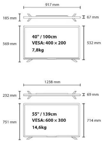 917 mm 185 mm 67 mm 569 mm 40" / 100cm VESA: 400 × 200 7,8kg 532 mm 1238 mm 232 mm 69 mm 55" / 139cm VESA: 600 × 300 14,6kg 751 mm 714 mm