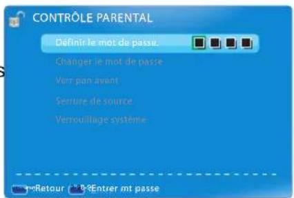 CONTROLE PARENTAL Définir le mot de passe. Changer le mot de passe Verr pan avant Serrure de source Verrouillage système e-Retour 30-9-Entrer mt passe