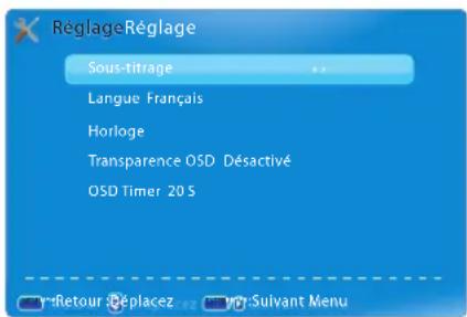 RéglageRéglage Sous-titrage Langue Français Horloge Transparence OSD Désactivé OSD Timer 20 S -Retour Replacez - my Sulvant Menu