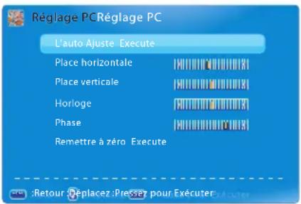 Réglage PCRéglage PC L'auto Ajuste Execute Place horizontale Place verticale Horloge Phase Remettre à zéro Execute