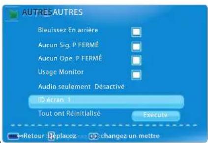 AUTRES AUTRES Bleuissez En arrière Aucun Sig. P FERMÉ Aucun Ope. P FERMÉ Usage Monitor Audio seulement Désactivé ID écran 1 Tout ont Rêinitialisé Execute Retour Replacez - 0:changez un mettre