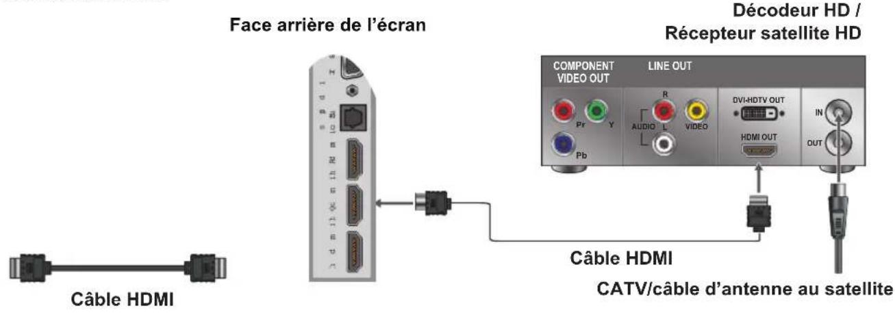 Face arrière de l'écran Câble HDMI Décodeur HD / Récepteur satellite HD COMPONENT VIDEO OUT LINE OUT R AUDIO L VIDEO DVI-HDTV OUT HDMI OUT IN OUT Câble HDMI CATV/câble d'antenne au satellite