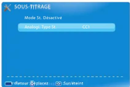 SOUS-TITRAGE Mode St. Désactivé Analogl. Type St. CC1 Retour Replacez Sur/éteint