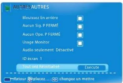 AUTRES AUTRES Bleuissez En arrière Aucun Sig. P FERMÉ Aucun Ope. P FERMÉ Usage Monitor Audio seulement Désactivé ID écran 1 Tout ont Rêinitialisé Execute Retour Déplacez changez un mettre