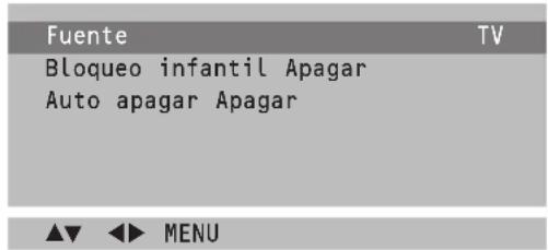 Fuente TV Bloqueo infantil Apagar Auto apagar Apagar ▲▼ ◀► MENU
