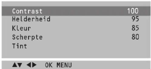 Contrast 100 Helderheid 95 Kleur 85 Scherpte 80 Tint ▲▼ ◀► OK MENU