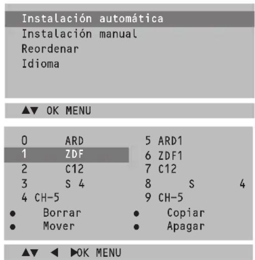 Instalación automática Instalación manual Reordenar Idioma ▲▼ OK MENU 0 ARD 5 ARD1 1 ZDF 6 ZDF1 2 C12 7 C12 3 S 4 8 S 4 4 CH-5 9 CH-5 • Borrar • Copiar • Mover • Apagar ▲▼ ◀ ▶ OK MENU