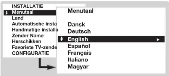 INSTALLATIE ◆ Menutaal Land Automatische insta Handmatige installa Zender Name Herschikken Favorite TV-zende CONFIGURATIE Menutaal Dansk Deutsch ◆ English Español Français Italiano Magyar