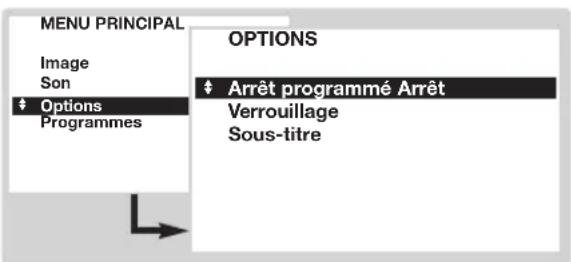 MENU PRINCIPAL Image Son Options Programmes OPTIONS Arrêt programmé Arrêt Verrouillage Sous-titre