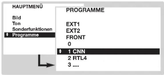 HAUPTMENÜ Bild Ton Sonderfunktionen ♦ Programme PROGRAMME EXT1 EXT2 FRONT 0 ♦ 1 CNN 2 RTL4 3 ....