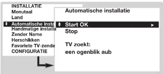 INSTALLATIE Menutaal Land Automatische insta Handmatige installa Zender Name Herschikken Favorite TV-zende CONFIGURATIE Automatische installatie Start OK Stop TV zoekt: een ogenblik aub