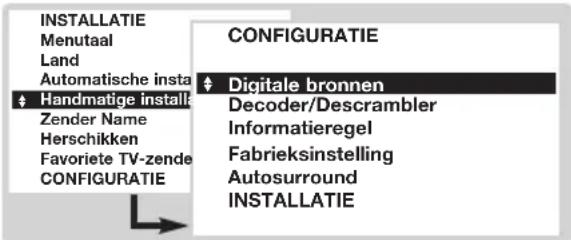INSTALLATIE Menutaal Land Automatische insta Handmatige install Zender Name Herschikken Favoriete TV-zende CONFIGURATIE CONFIGURATIE Digitale bronnen Decoder/Descrambler Informatieregel Fabrieksinstelling Autosurround INSTALLATIE
