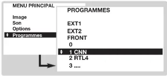 MENU PRINCIPAL Image Son Options ♦ Programmes PROGRAMMES EXT1 EXT2 FRONT 0 ♦ 1 CNN 2 RTL4 3 ....