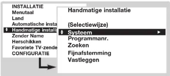 INSTALLATIE Menutaal Land Automatische insta ‡ Handmatige install Zender Name Herschikken Favorite TV-zende CONFIGURATIE Handmatige installatie (Selectiewijze) ‡ Systeem Programmanr. Zoeken Fijnafstemming Vastleggen