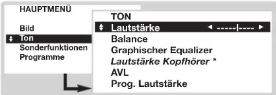 HAUPTMENÜ Bild Ton Sonderfunktionen Programme TON Lautstärke Balance Graphischer Equalizer Lautstärke Kopfhörer * AVL Prog. Lautstärke