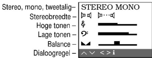 Stereo, mono, tweetalig- Stereobreedte - Hoge tonen - Lage tonen - Balance - Dialoogregel - STEREO MONO ^V < > i
