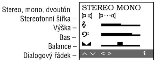 Stereo, mono, dvoutón Stereofonní šířka - Výška - Bas - Balance - Dialogový řádek - STEREO MONO Ø Ø Ø ⋯⋯Ø & 2: ^ < > i