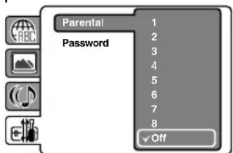 Parental Password 1 2 3 4 5 6 7 8 Off