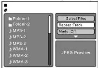 Folder-1 Folder-2 MP3-1 MP3-2 MP3-3 WMA-1 WMA-2 WMA-3 Select Files Repeat Track Mode: Off JPEG Preview