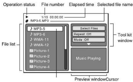 Operation status File number Elapsed time Selected file name 1/15 00:00:00 /MP3-5.MP3 MP3-5 MP3-6 WMA-11 WMA-12 Picture-1 Picture-2 Picture-3 Picture-4 File list Select Files Repeat :Off Mode :Off Music Playing Preview windowCursor Tool kit window