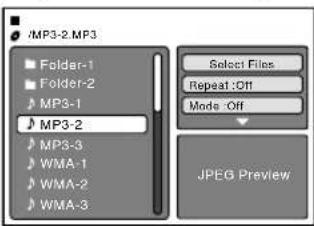 /MP3-2.MP3 Folder-1 Folder-2 MP3-1 MP3-2 MP3-3 WMA-1 WMA-2 WMA-3 Select Files Repeat:Off Mode:Off JPEG Preview