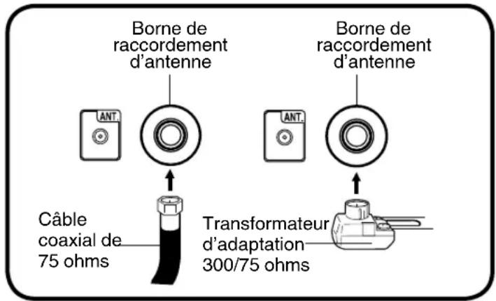 Borne de raccordement d'antenne Borne de raccordement d'antenne Câble coaxial de 75 ohms Transformateur d'adaptation 300/75 ohms