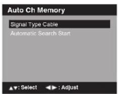 Auto Ch Memory Signal Type Cable Automatic Search Start Select : Adjust