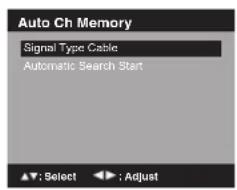 Auto Ch Memory Signal Type Cable Automatic Search Start ▲▼: Select ▶: Adjust
