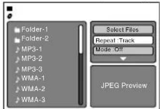 Folder-1 Folder-2 MP3-1 MP3-2 MP3-3 WMA-1 WMA-2 WMA-3 Select Files Repeat Track Mode Off JPEG Preview